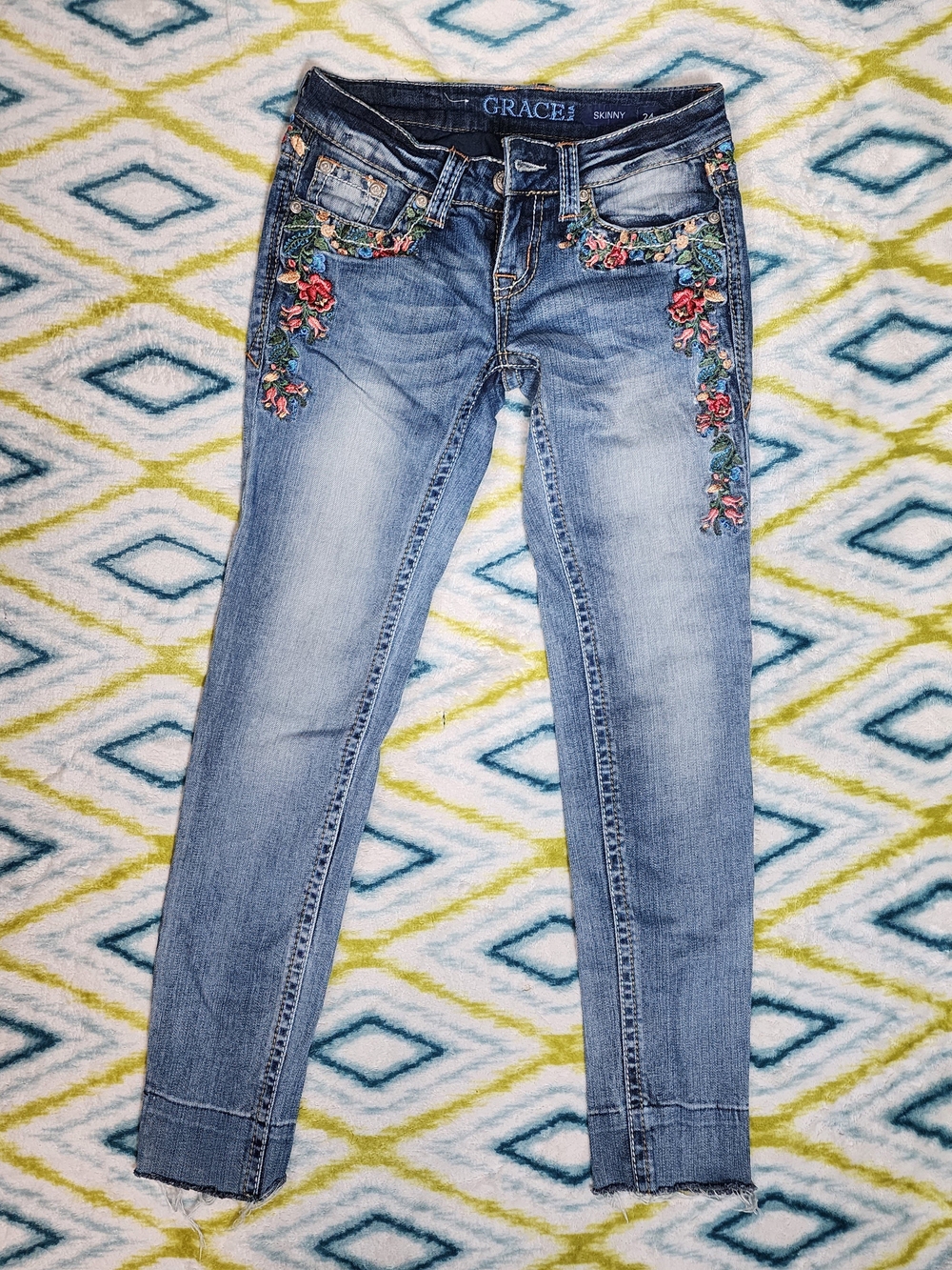 Grace Skinny Embroidered Blue Jeans